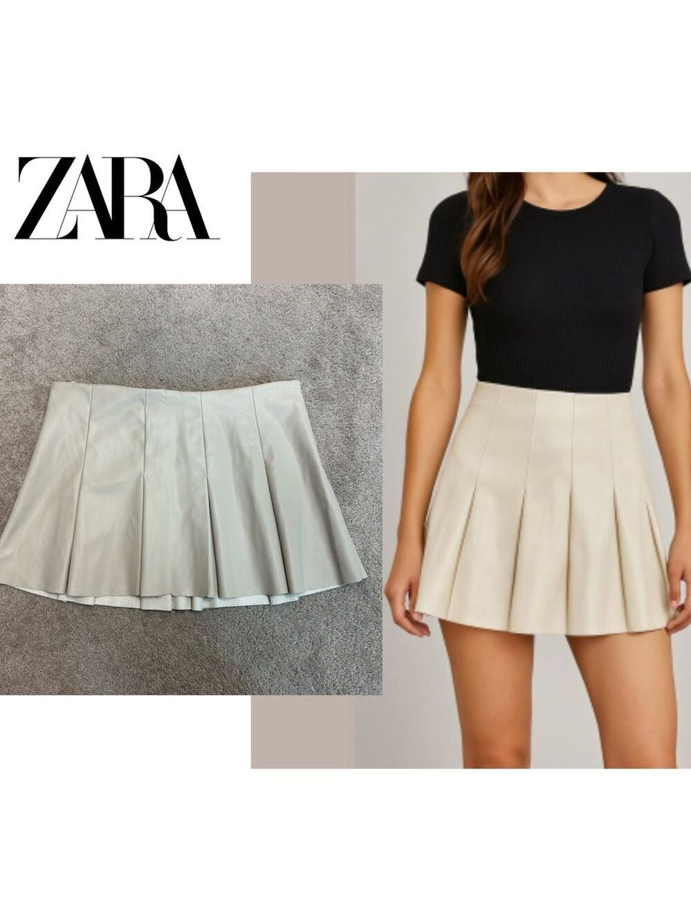 Zara cream ecru faux leather pleated skater mini skirt pleather vegan Sz L NWOT